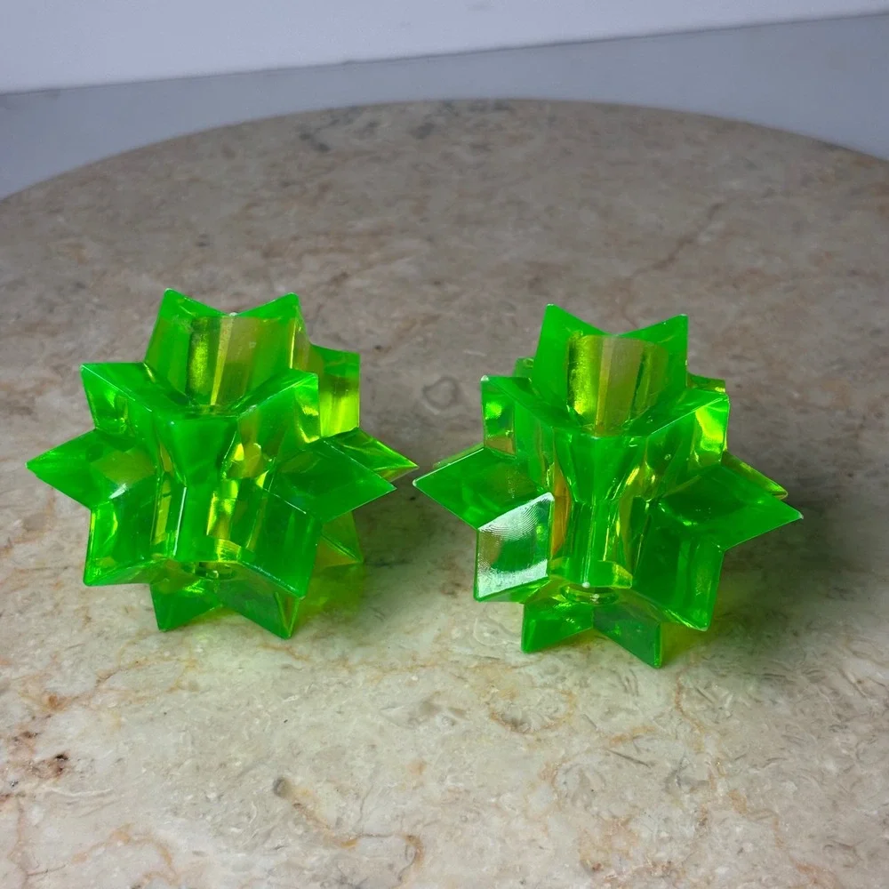 1950s Lucite Starburst Candle Holders 2 in Neon Green Acrylic Mid Century Modern